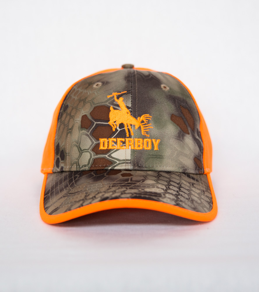 Deerboy Signature Cap Rifle Logo In Blaze Orange And Kryptek Highlander Front