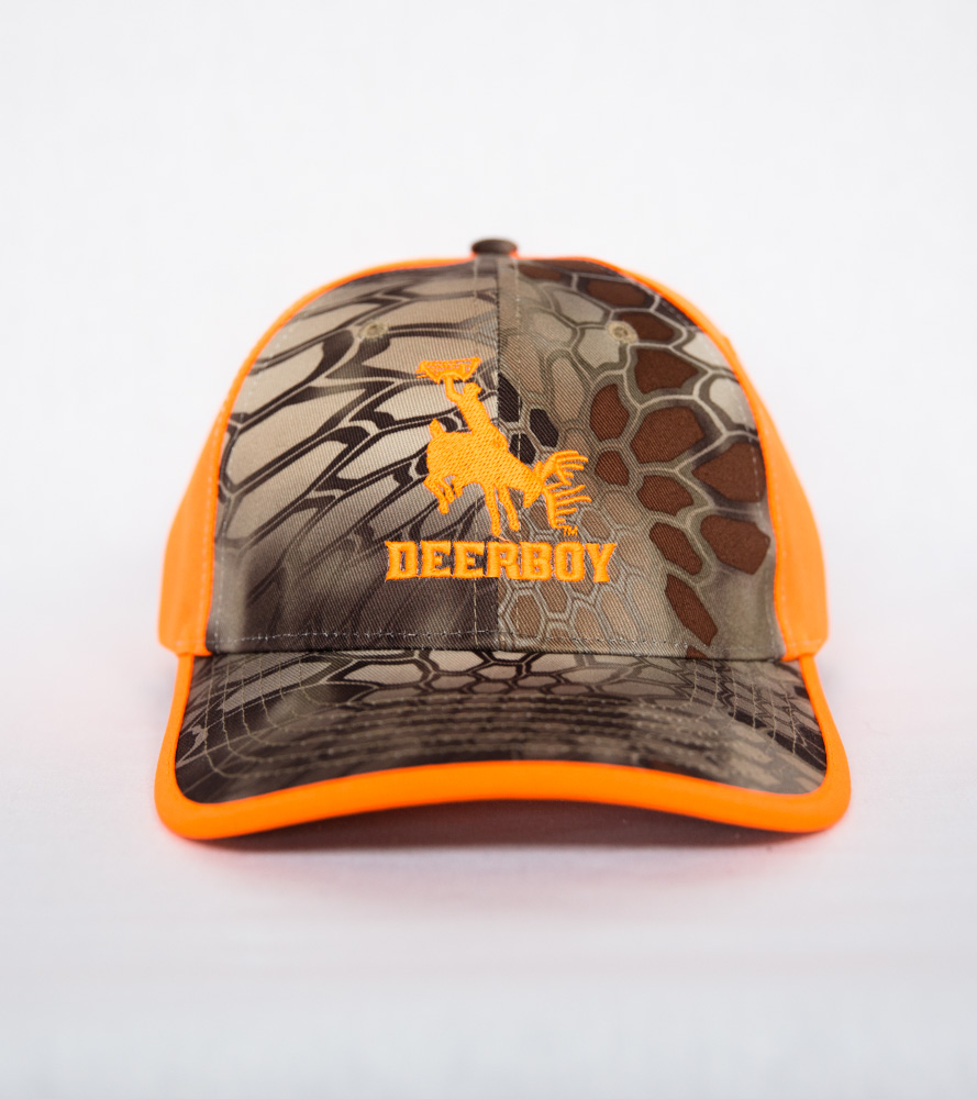 Deerboy Signature Cap Bow Logo In Blaze Orange And Kryptek Highlander Front